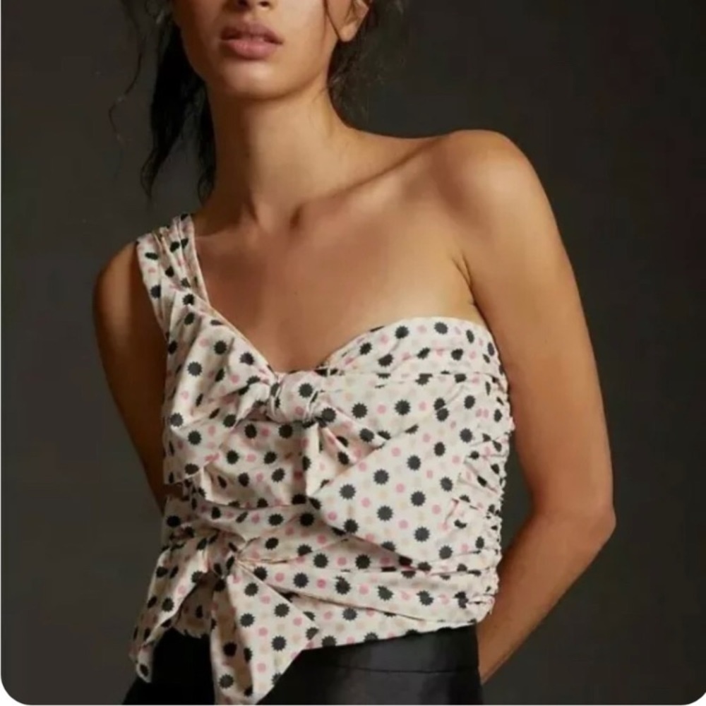 Maeve for Anthropologie one shoulder polka dot shirred ruched top with bow 12